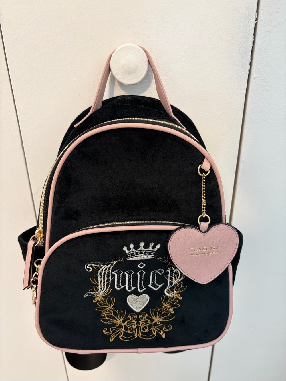 Juicy Couture Velour Black and Pink Mini Backpack with Heart Charm